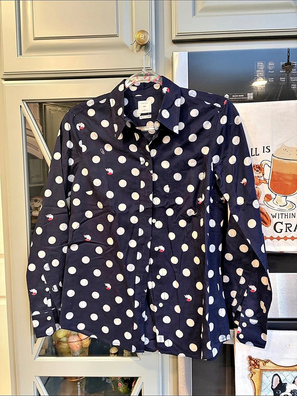 Gap Vintage The Fitted Boyfriend Cotton Fox Print Shirt Polka Dot Button-Up XS